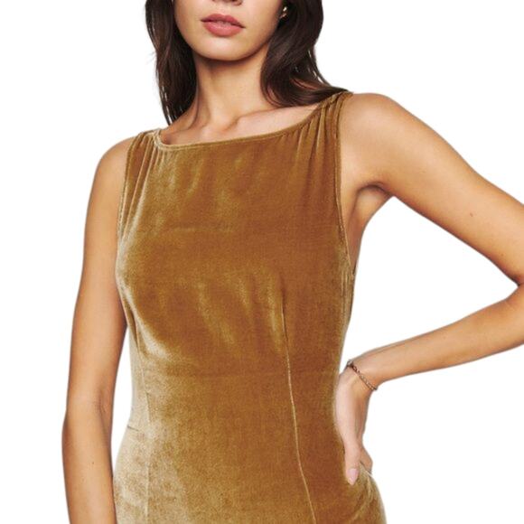 Reformation Brisbane Velvet Slip Mini Dress in Gold - Picture 2 of 11